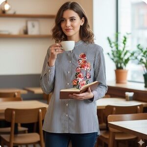 Elegant Blue and White Striped Top with Floral Embroidery